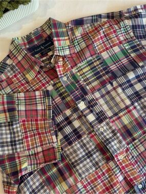 Vintage Ralph Lauren Multi-Color Madras Patchwork Plaid Cotton Button-Down Shirt